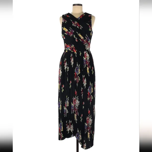 KATE SPADE Dress Size 8 Black Rare Floral Pleated Midi Y2k 90s Assymetrical - Picture 7 of 9